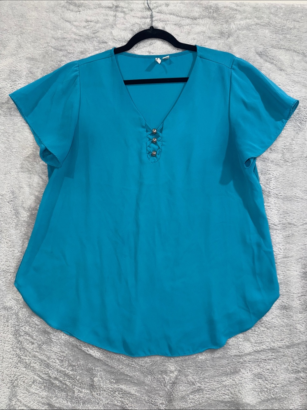 Cato EST 1946 Teal Turquoise Blue V Neck Lace Up Charm Accent Blouse Top Large